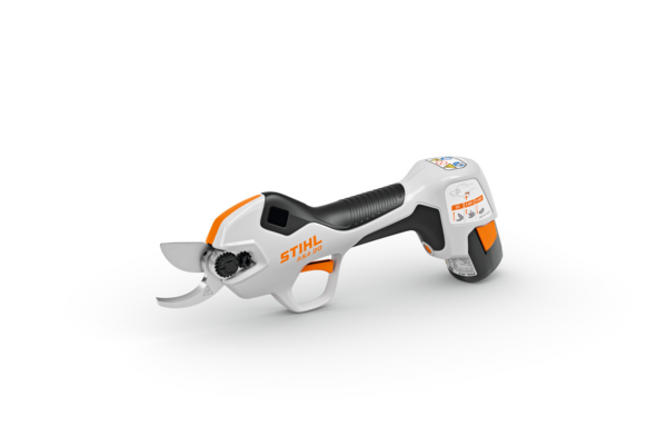 STIHL ASA 20 Akku-Astschere auf weißem Hintergrund mit sichtbarem OLED-Display und Sicherheitsetiketten