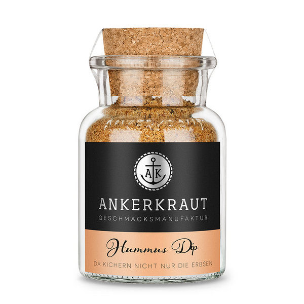 Glasbehälter mit Ankerkraut Hummus Dip Korkdeckel und schwarz-orange Etikett