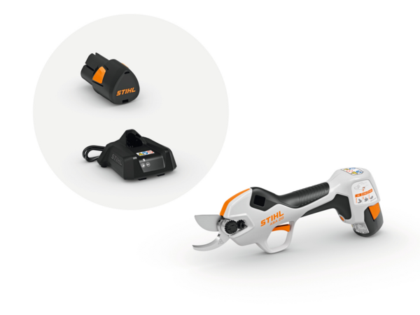 STIHL ASA 20 Akku-Astschere mit Akku AS 2 und Ladegerät AL 1 auf weißem Hintergrund