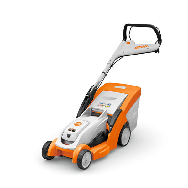 Stihl RMA 239 C Akku-Rasenmäher in Orange und Weiß mit ergonomischem Lenker und Grasfangkorb