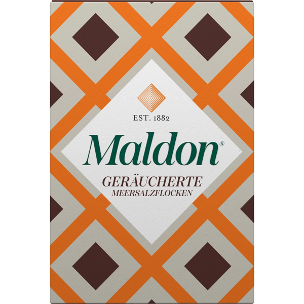 Verpackung von Maldon Smoked Sea Salt mit geometrischem Muster und Markenlogo