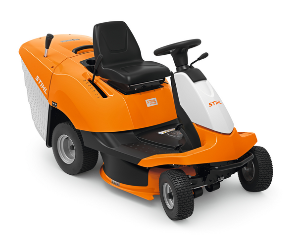 STIHL RT 4082 Aufsitzmäher in Orange und Weiß mit Logo und Grasfangkorb