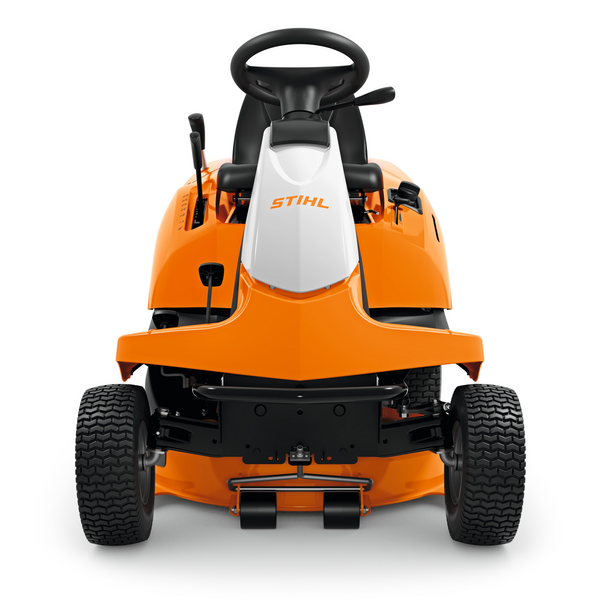 STIHL RT 4082 Aufsitzmäher in Orange und Weiß mit großem Grasfangkorb und komfortablem Sitz