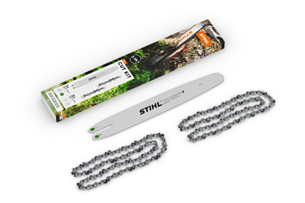Stihl Cut Kit 3 mit Sägekette und Führungsschwert neben Verpackung