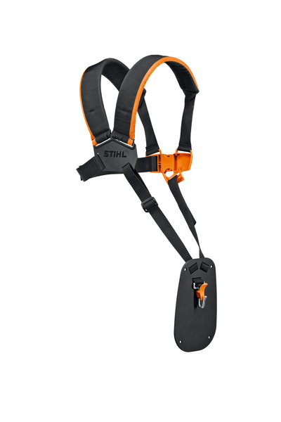STIHL Doppelschultergurt in Schwarz und Orange mit Logo und Werkzeugbefestigung