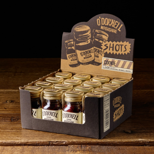 O'Donnell Moonshine Cookie Shots in Karton auf Holztisch