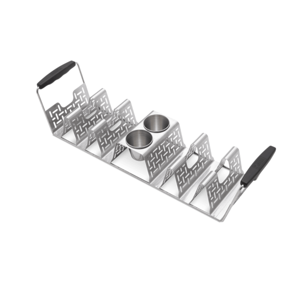 Edelstahl Weber Taco Rack mit Silikongriffen und integrierten Dipschalen