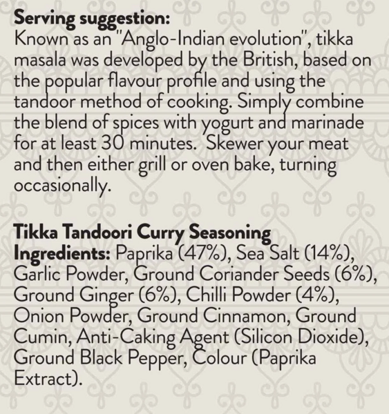 Etikett von Cape Herb Rub Curry Tikka Tandoori mit Zutatenliste und Serviervorschlag