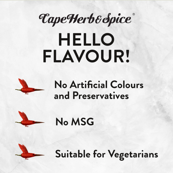 Werbegrafik für Cape Herb & Spice mit Betonung auf natürliche Inhaltsstoffe und Eignung für Vegetarier