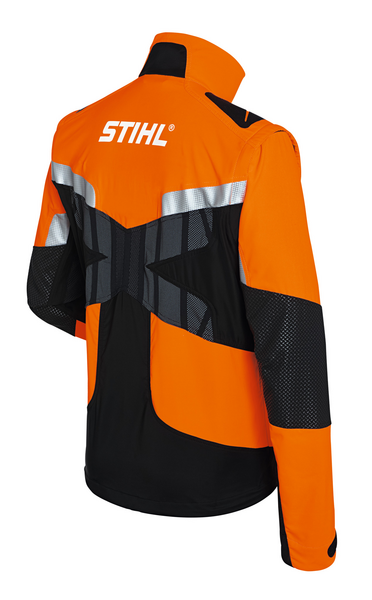 Rückansicht der Stihl Jacke ADVANCE X-TREEm in Orange mit reflektierenden Streifen und Mesh-Einsätzen