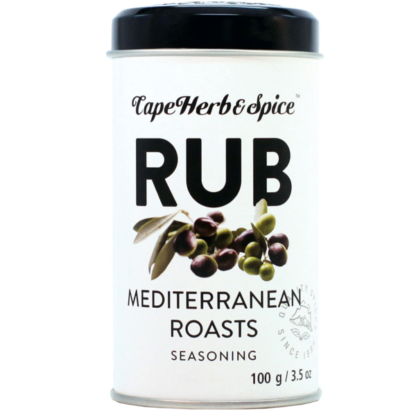 Weiße Gewürzdose von Cape Herb Rub Mediterranean Roasts mit Olivenzweig-Motiv