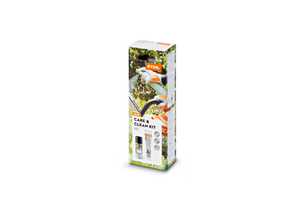 STIHL Care & Clean Kit HS Verpackung mit Heckenschere und Pflegeprodukten