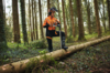 Forstarbeiter in STIHL Schutzausrüstung mit Motorsäge im Wald