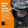 Petromax Feuertopf ft18 mit gebratenem Fleisch und Glut bedecktem Deckel im Freien