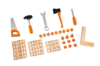 Kinderwerkzeugset aus Holz mit Säge, Hämmer, Schraubenschlüssel, Feile, Lineal, Schrauben und Muttern