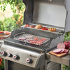 Weber Spirit Gasgrill mit Edelstahl-Fischhalter, gegrilltem Fisch und Gemüse im Garten