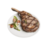 Weißer Weber Porzellan-Teller mit Steak und Gemüse auf grünem Hintergrund
