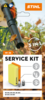 Werbegrafik für STIHL Service Kit 38 mit Laubbläser in Aktion und Darstellung von Kit-Komponenten