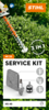 STIHL Service Kit 25 für HS 45 mit Luftfilter, Zündkerze und Kraftstofffilter auf grüner Hecken-Hintergrund