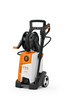 Stihl RE 110 PLUS Elektro-Hochdruckreiniger in Weiß und Orange mit integrierter Schlauchtrommel und Transporträdern