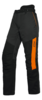 Schwarze Stihl Bundhose mit orangefarbenem Streifen und Logo für Waldarbeiten