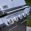 Detailansicht des Weber Summit FS38 S Gasgrills mit Fokus auf Bedienelemente und Logo