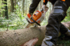 Waldarbeiter in Stihl Schutzhose schneidet Baum mit Motorsäge