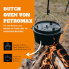 Petromax Feuertopf ft4.5 über offenem Feuer mit technischen Details