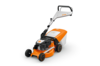 STIHL RM 248 Rasenmäher in Orange und Weiß mit sichtbarem Benzinmotor und Fangbox