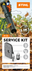 Werbeplakat für STIHL Service Kit 36 mit Darstellung von Laubbläser, Vliesfilter, Zündkerze und Kraftstofffilter