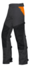 Schwarze STIHL Vorderbeinschutz Chaps mit orangefarbenem Detail und verstellbaren Gurten