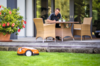 Mann in STIHL-Shirt sitzt auf Terrasse, während Mähroboter RMI 422 P den Rasen pflegt