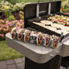 Weber Taco Rack mit gefüllten Tacos auf einem Grill im Garten