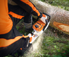 Person in Schutzkleidung schneidet Baumstamm mit STIHL MSA 300 Akku-Kettensäge