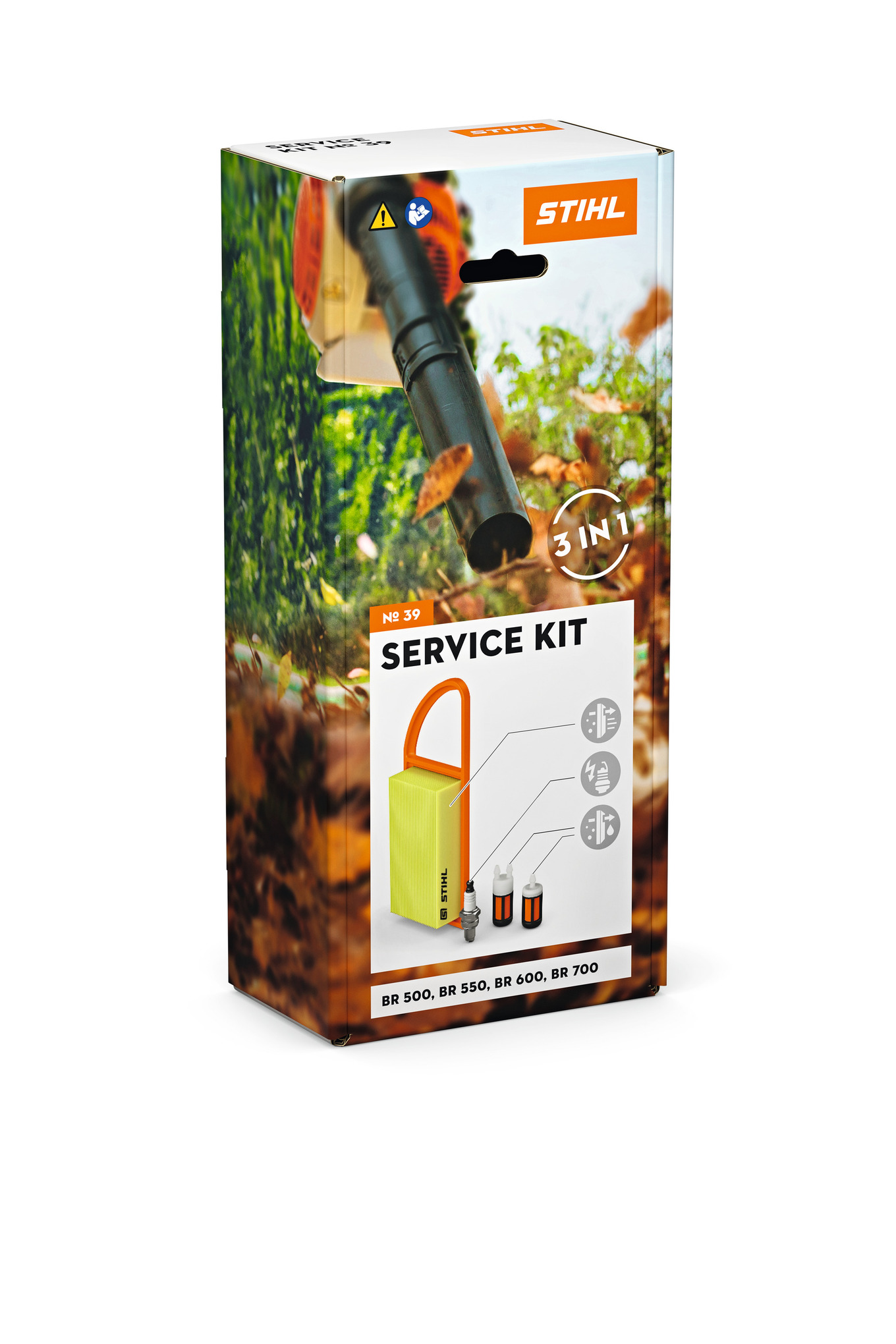 STIHL Service Kit 39 Verpackung mit Darstellung von Papierluftfilter Zündkerze und Kraftstofffilter