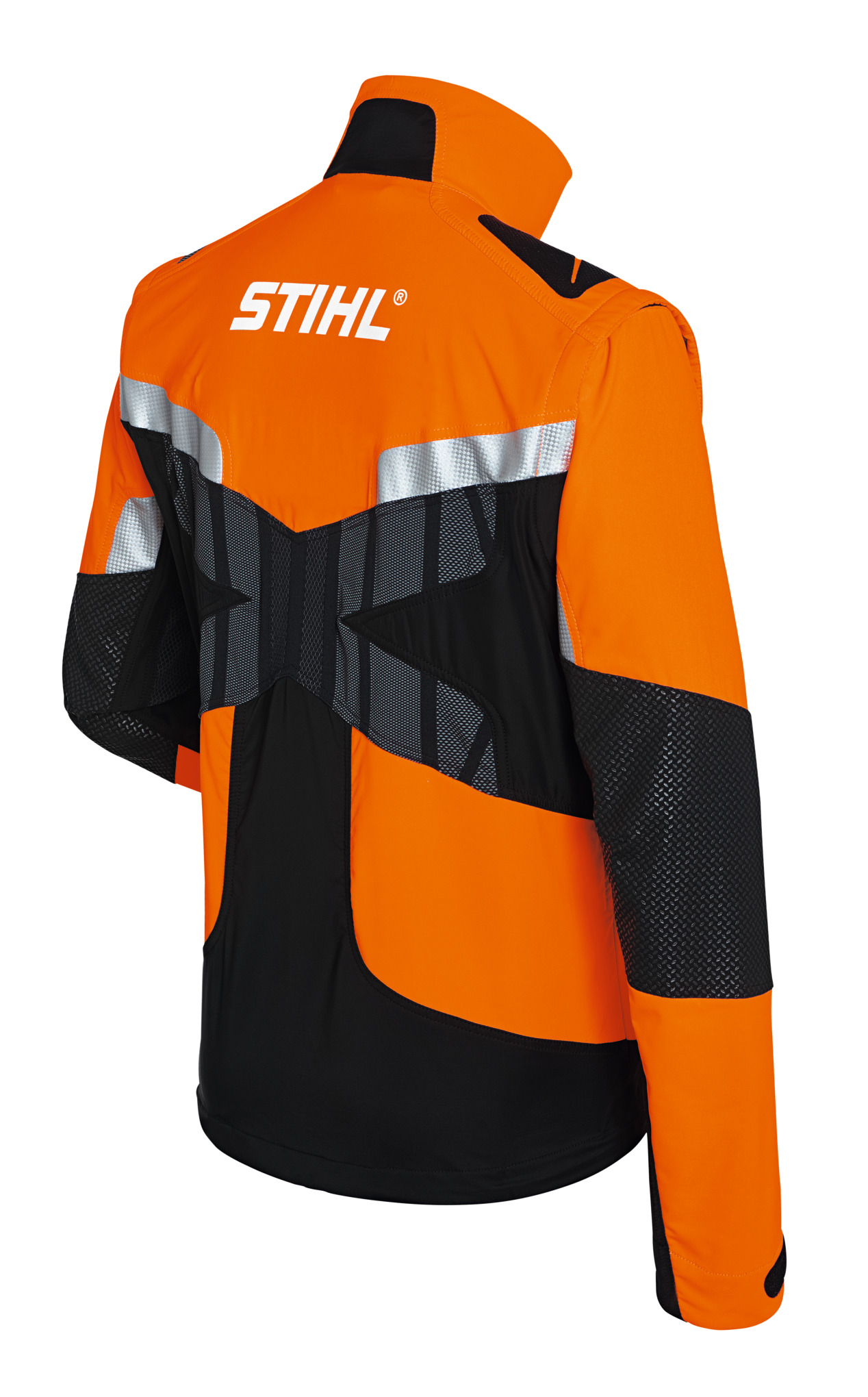 Rückansicht einer Stihl ADVANCE X-TREEm Jacke in Orange mit reflektierenden Streifen und Logo