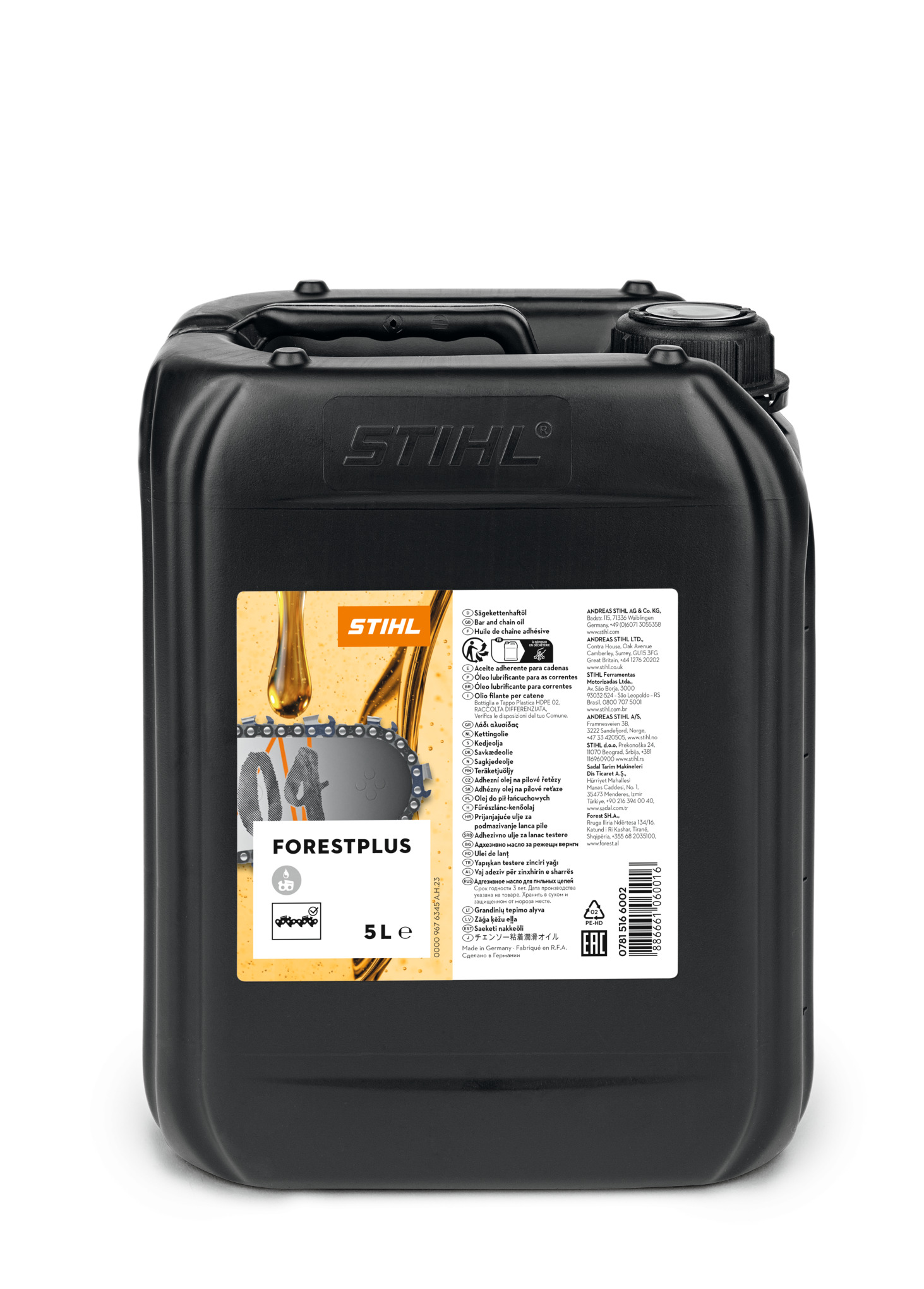 5 Liter STIHL ForestPlus Haftöl in einem schwarzen Kanister mit gelbem Etikett