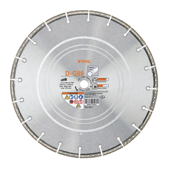 STIHL Diamant-Trennscheibe D-G80 für harte Baumaterialien mit Sicherheitshinweisen