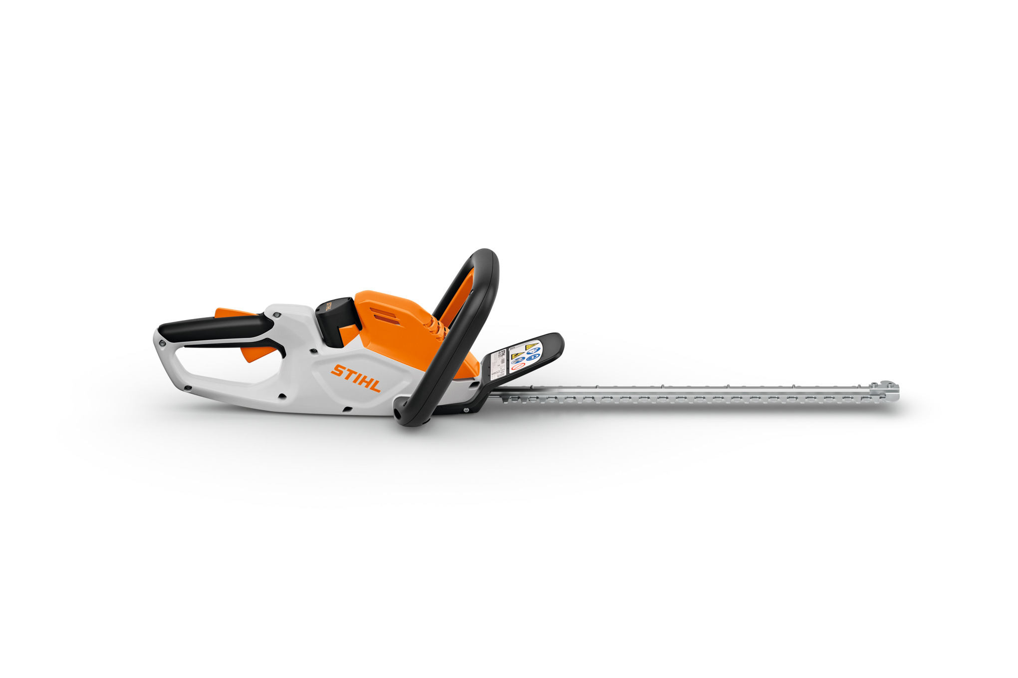 STIHL HSA 30 Akku-Heckenschere auf weißem Hintergrund mit sichtbaren Sicherheitsmerkmalen