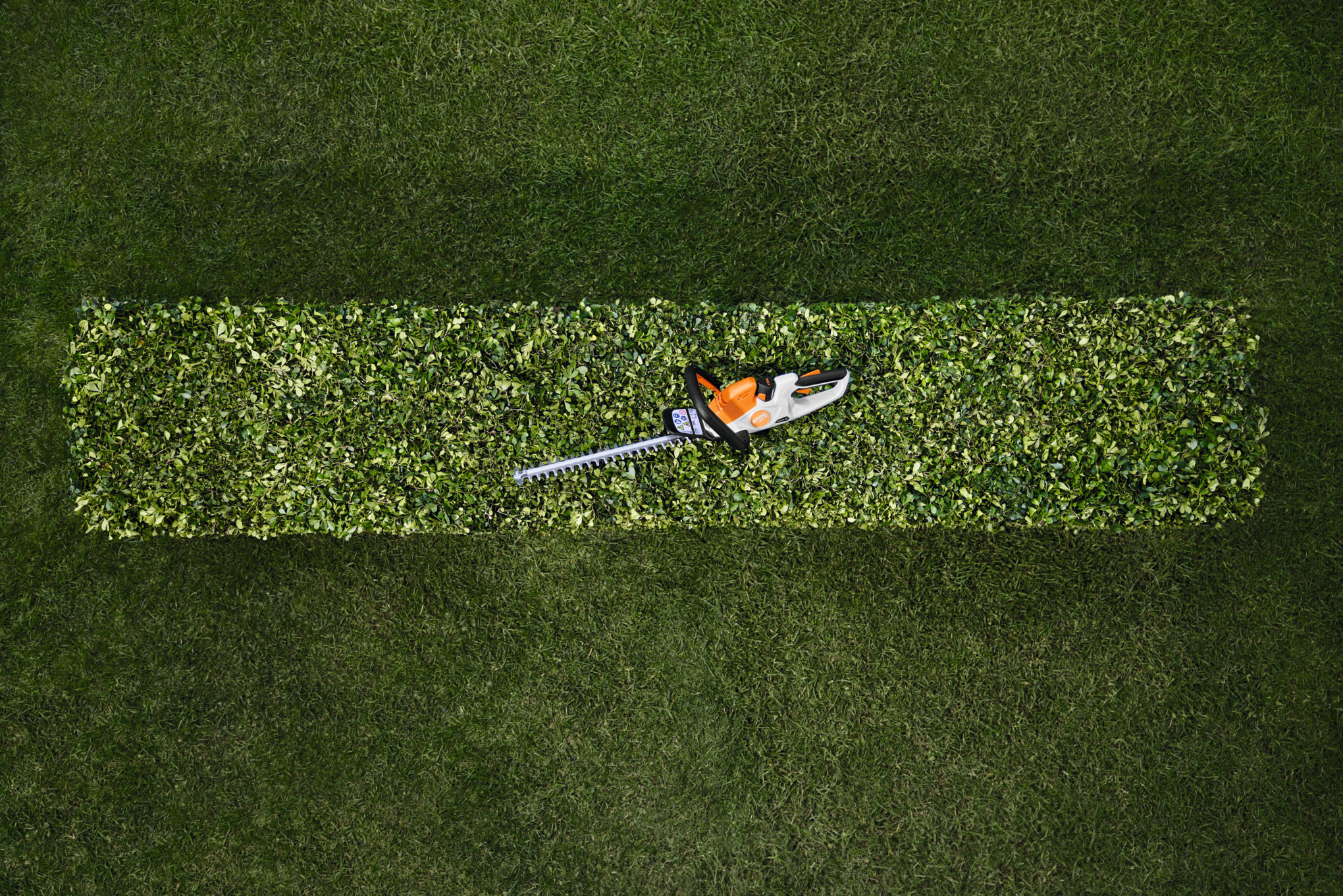 STIHL HSA 30 Akku-Heckenschere auf frisch geschnittener Hecke aus Vogelperspektive
