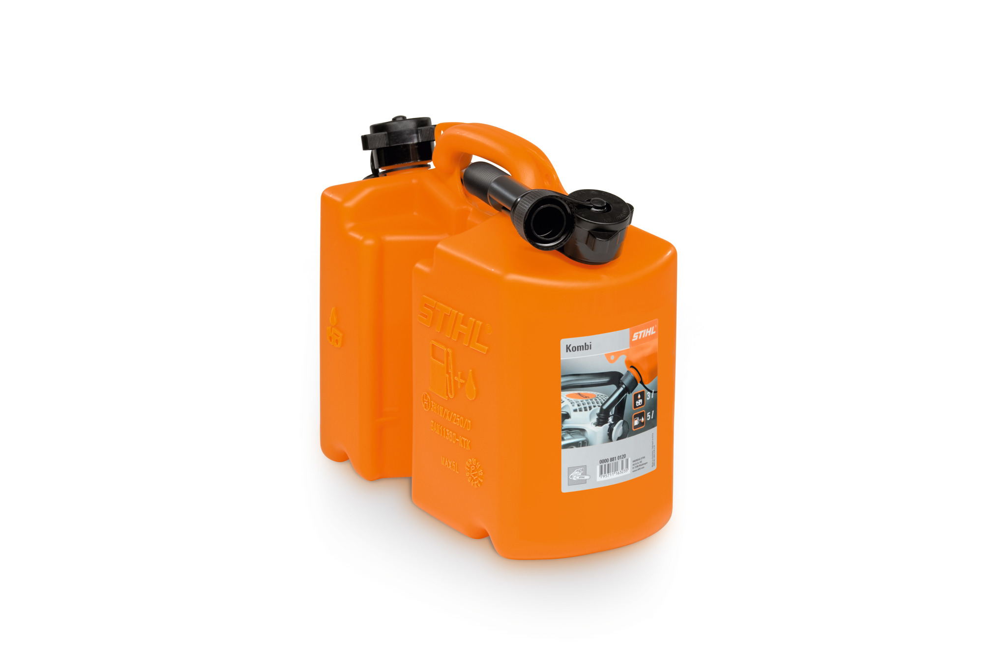 STIHL Kombikanister Standard orange für Kraftstoff und Sägekettenhaftöl auf weißem Hintergrund