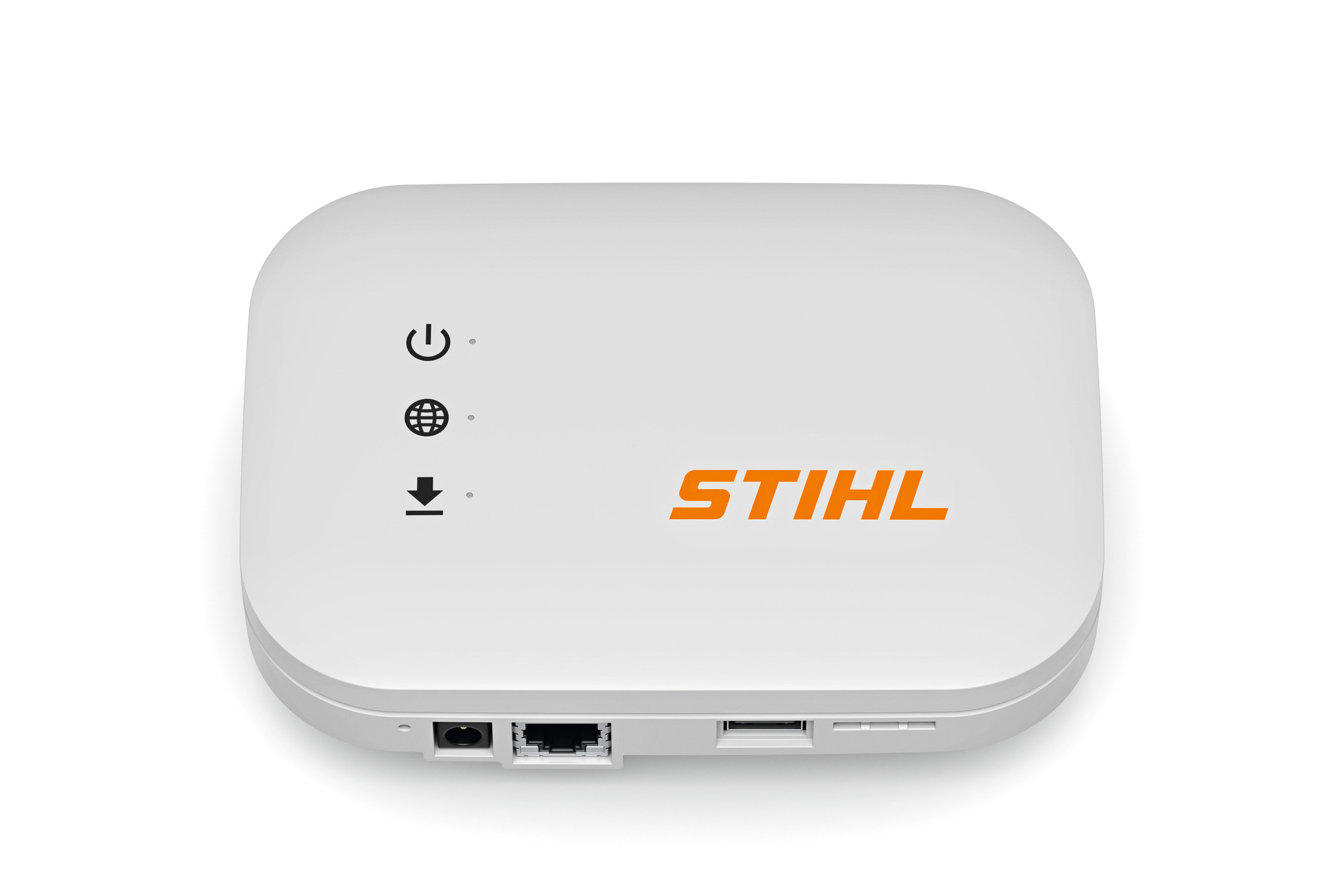 STIHL Connected Mobile Box mit Logo und Anschlüssen auf weißem Hintergrund