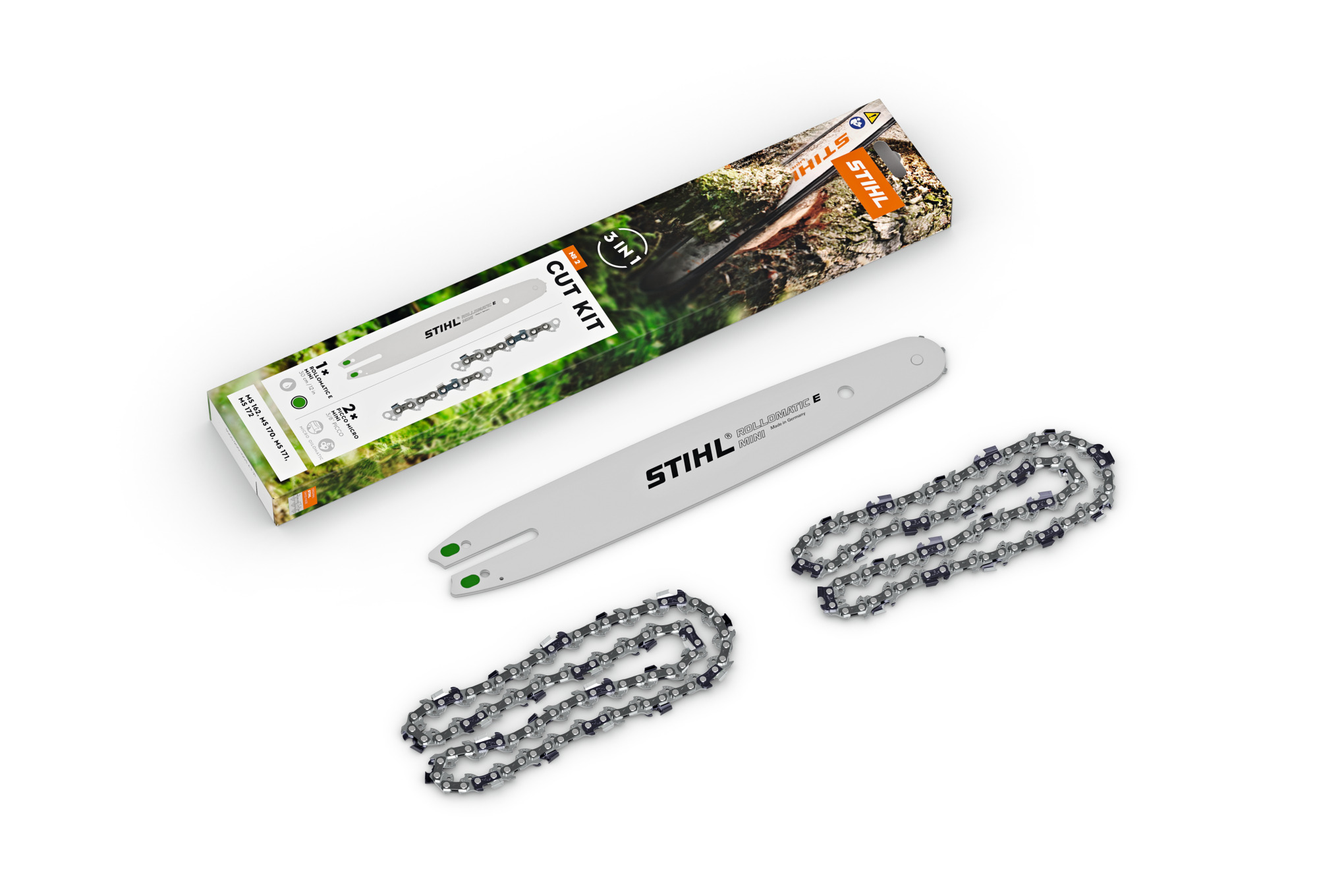 STIHL Cut Kit 2 mit Führungsschiene und zwei Sägeketten auf weißem Hintergrund