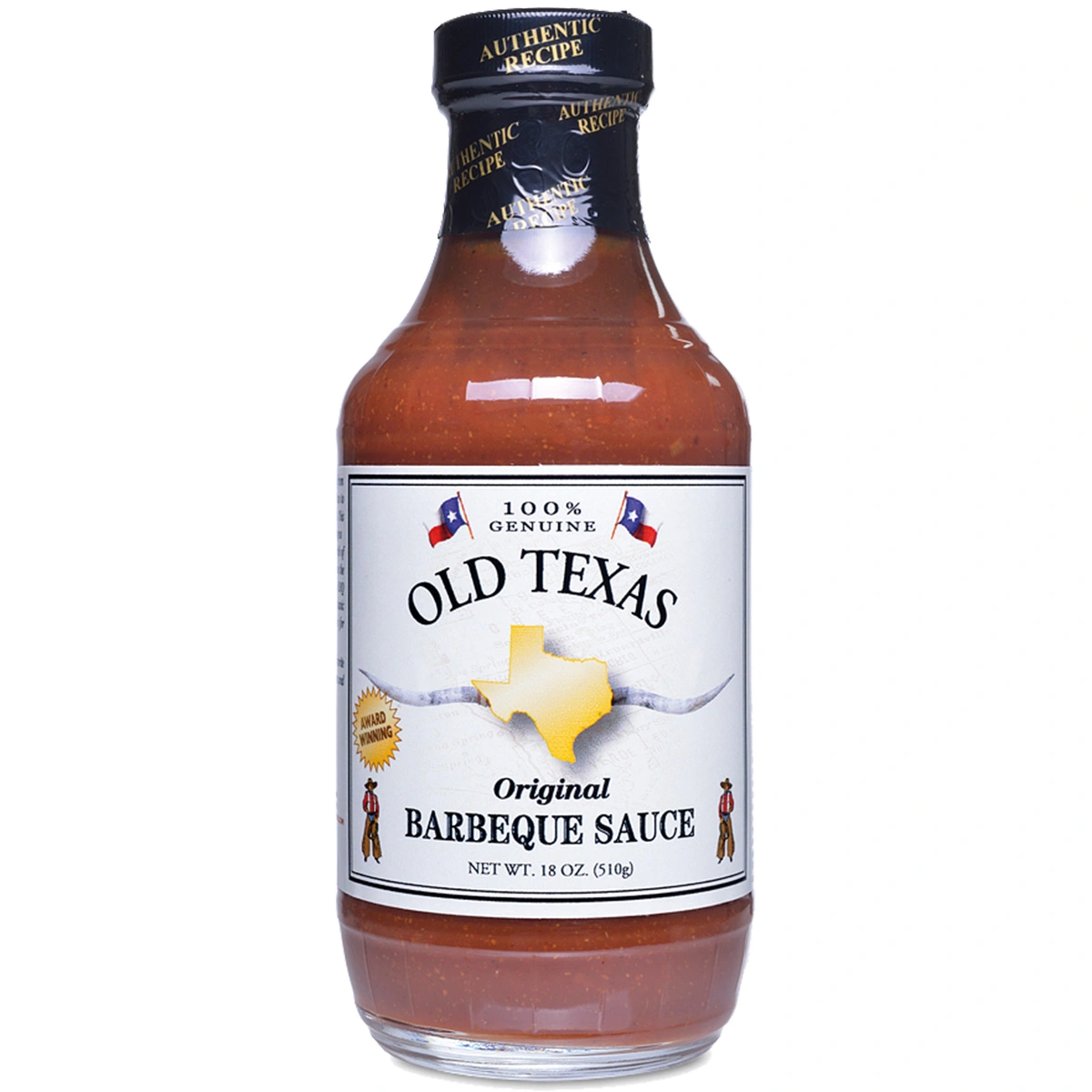 Flasche Old Texas BBQ Sauce mit Logo und texanischer Landkarte