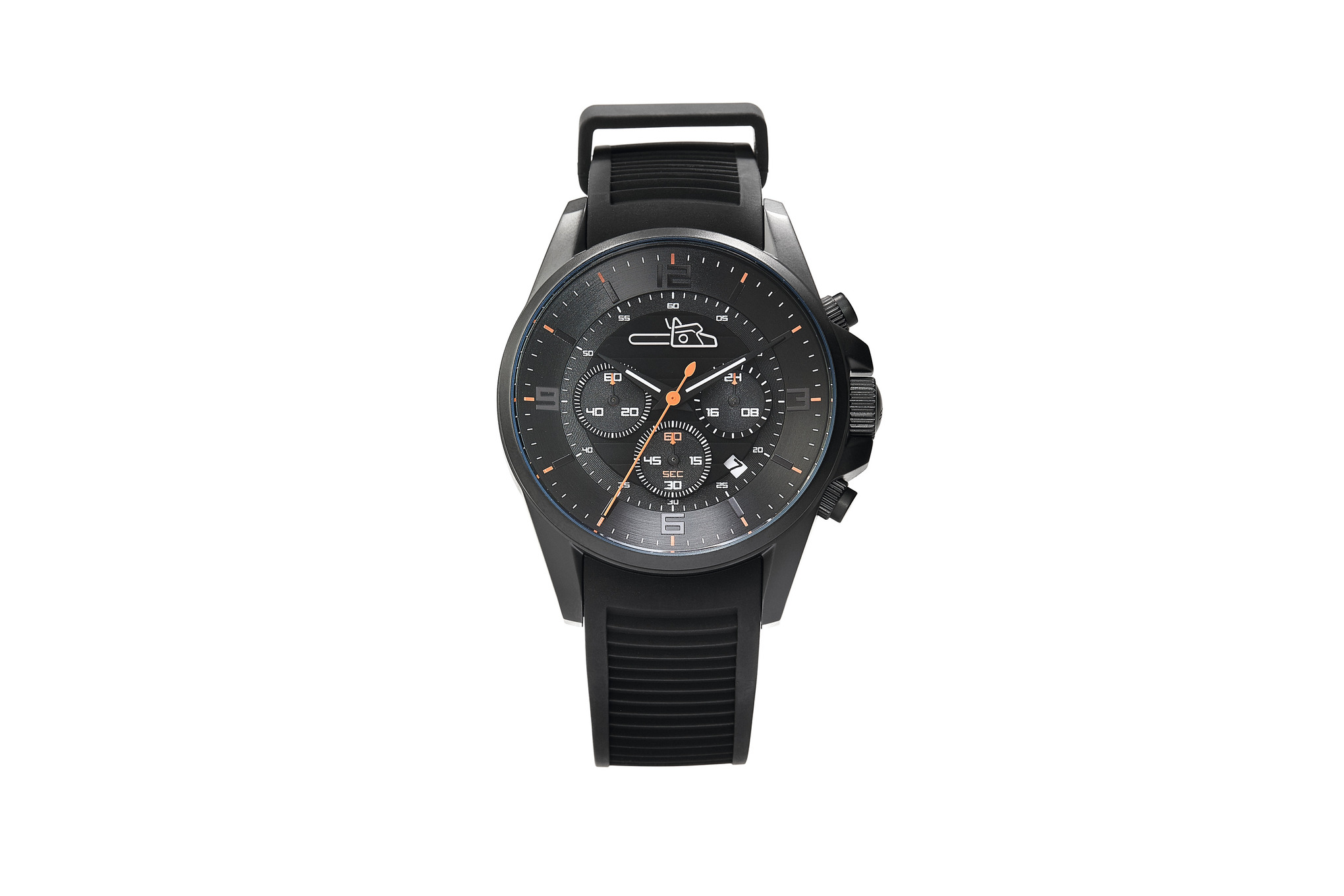 Stihl Chronograph von Jacques Lemans mit schwarzem Zifferblatt und orangefarbenen Details