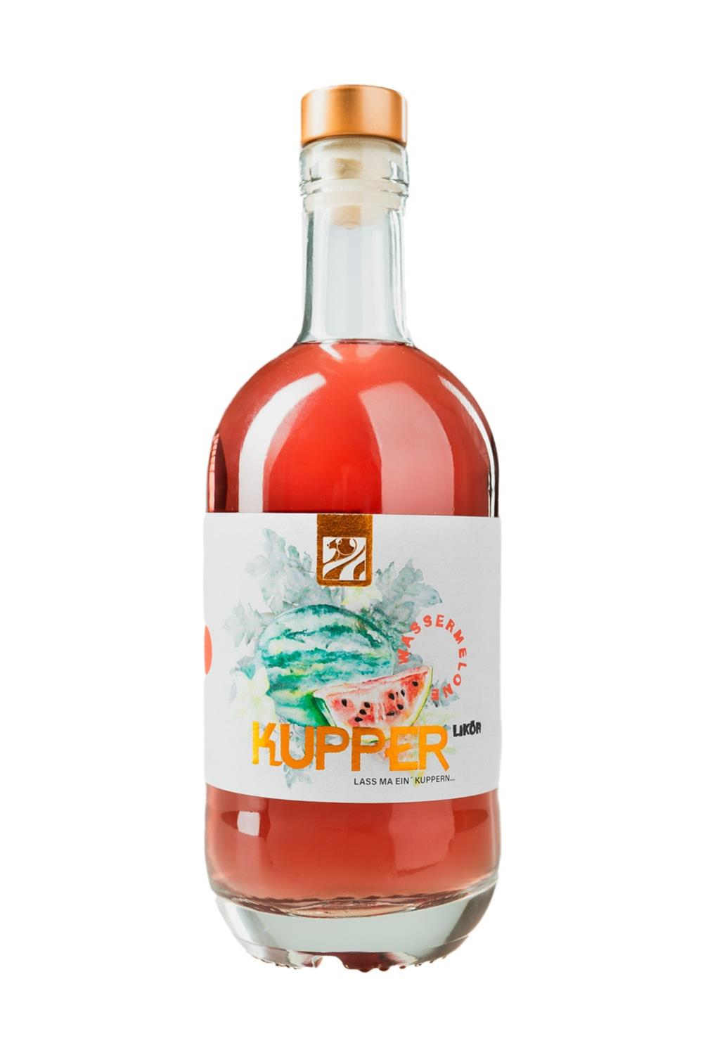 Flasche Kupper Wassermelonenlikör mit stilisierter Wassermelone auf dem Etikett