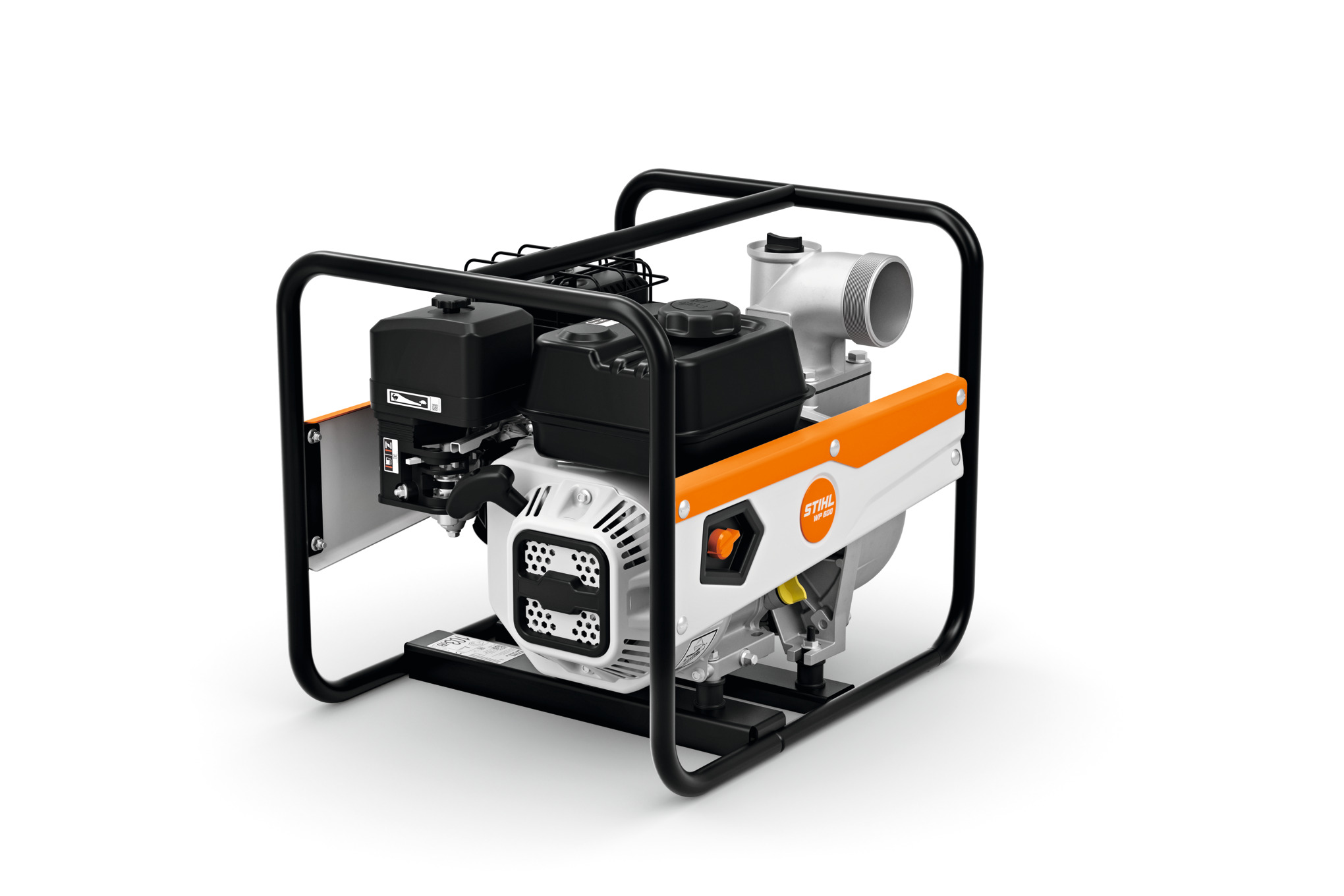 STIHL WP 600 Wasserpumpe auf weißem Hintergrund mit sichtbaren Komponenten und Firmenlogo