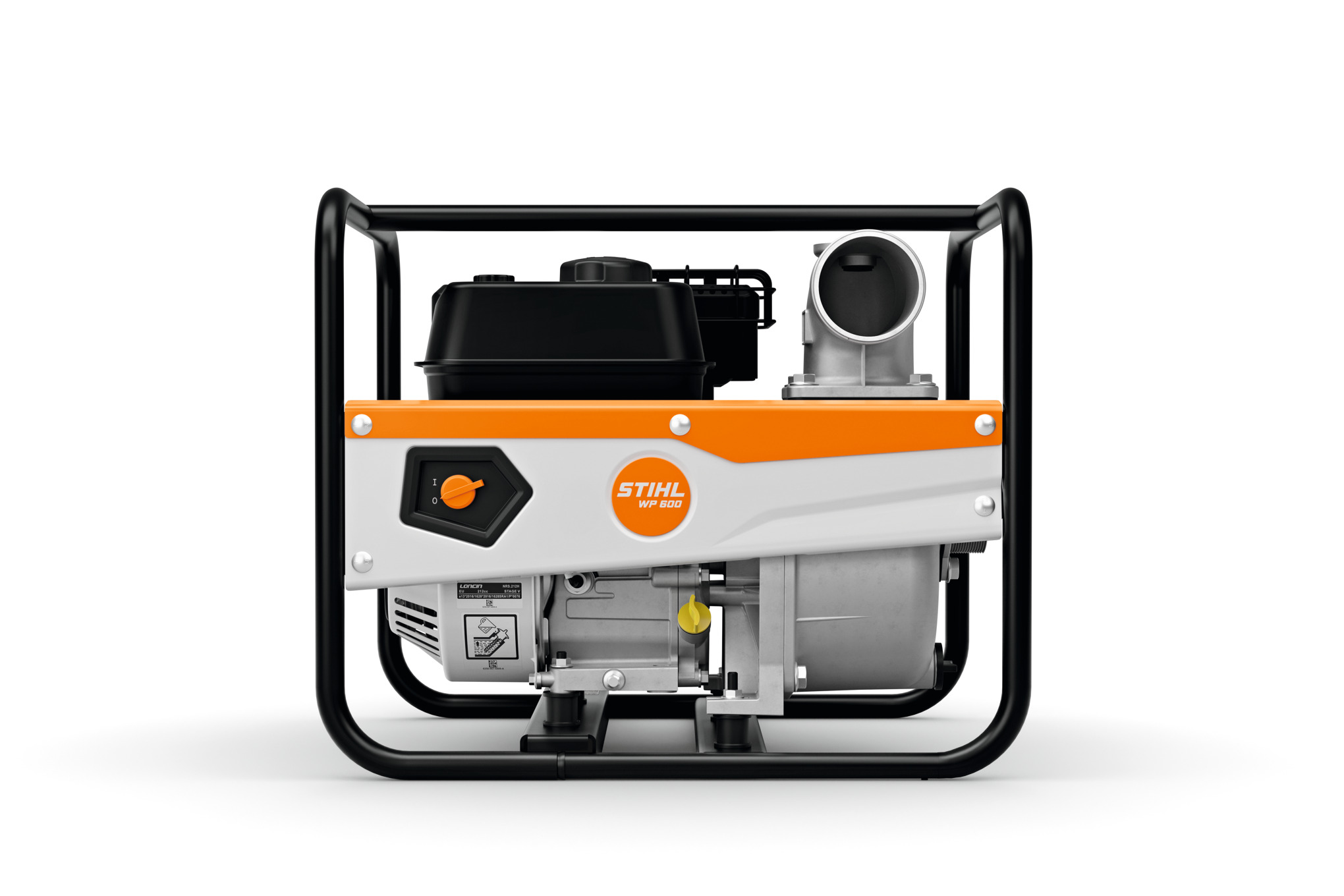 STIHL WP 600 Wasserpumpe auf weißem Hintergrund mit robustem Rahmen und deutlichen Bedienelementen