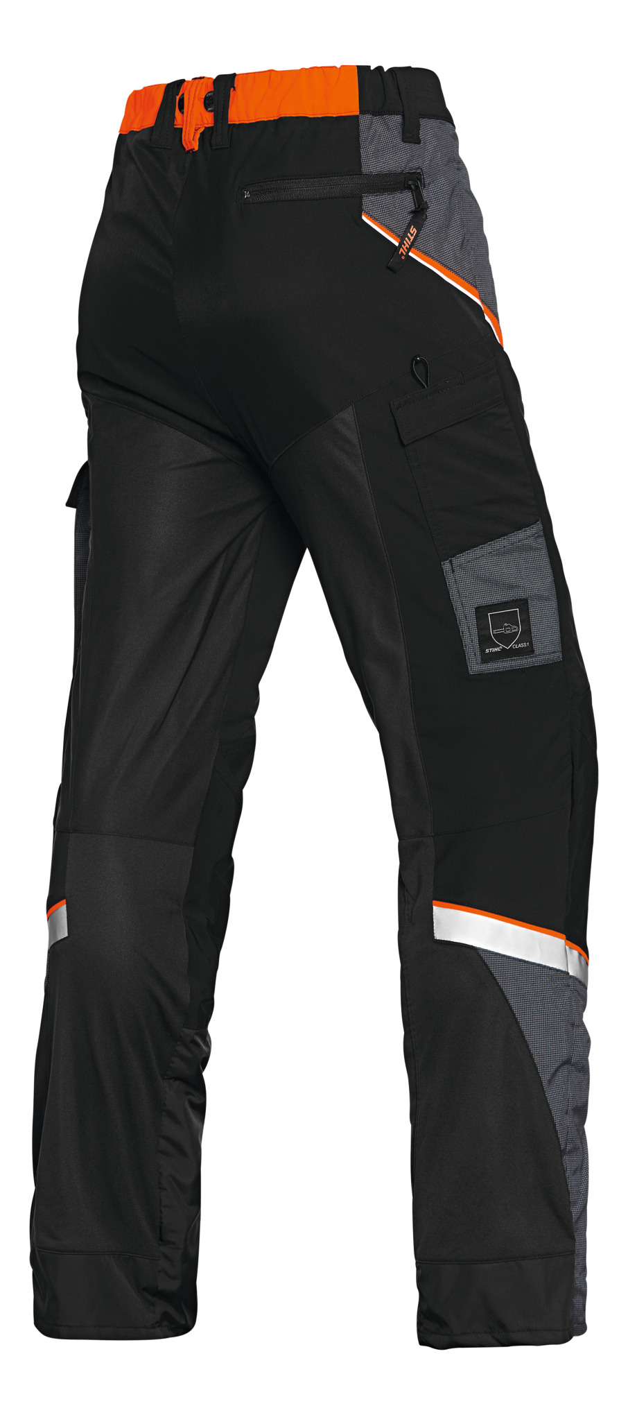 STIHL Bundhose ADVANCE X-Light in Schwarz mit orangefarbenen Details und reflektierenden Streifen