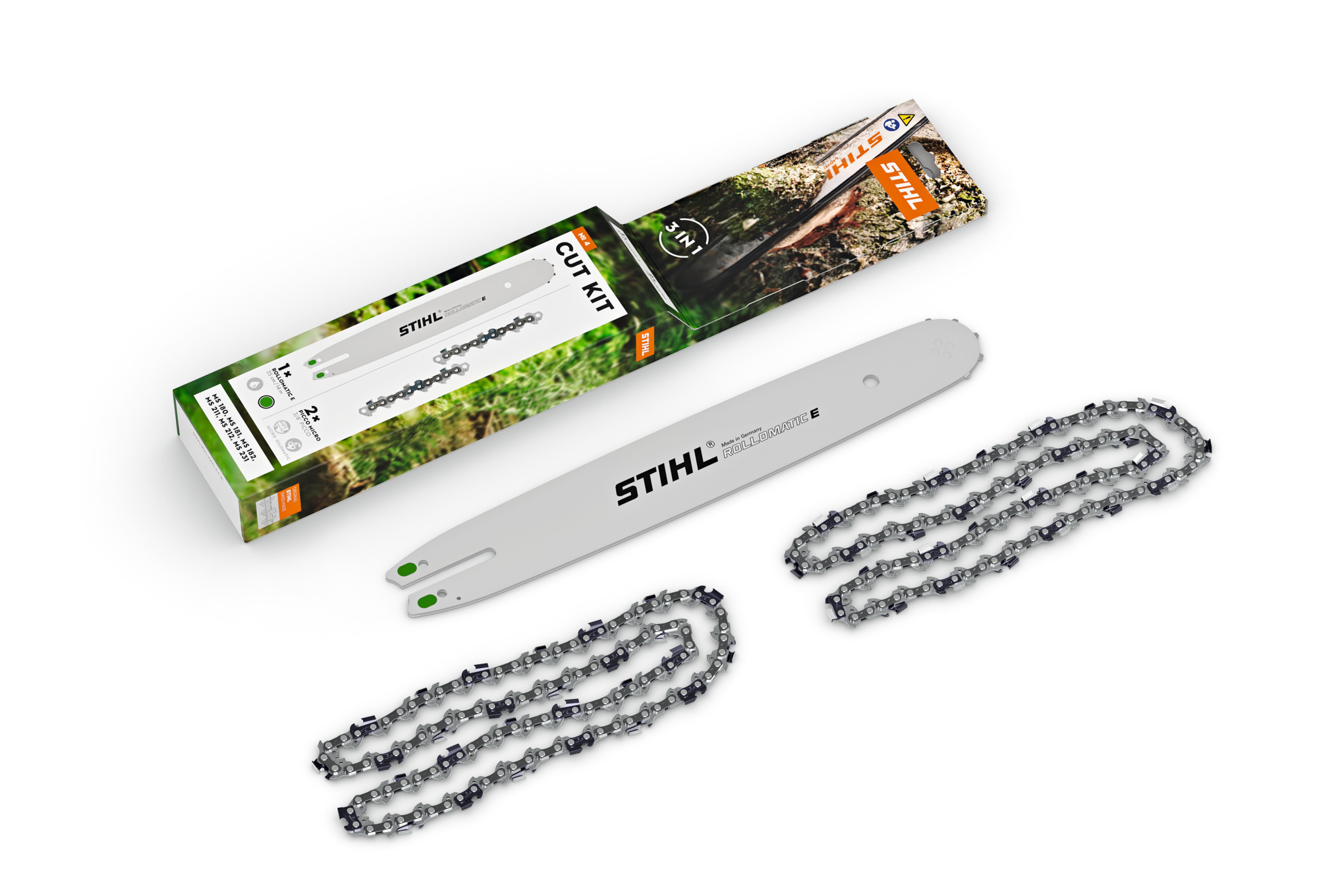 STIHL Cut Kit 4 mit Führungsschiene und zwei Sägeketten auf weißem Hintergrund